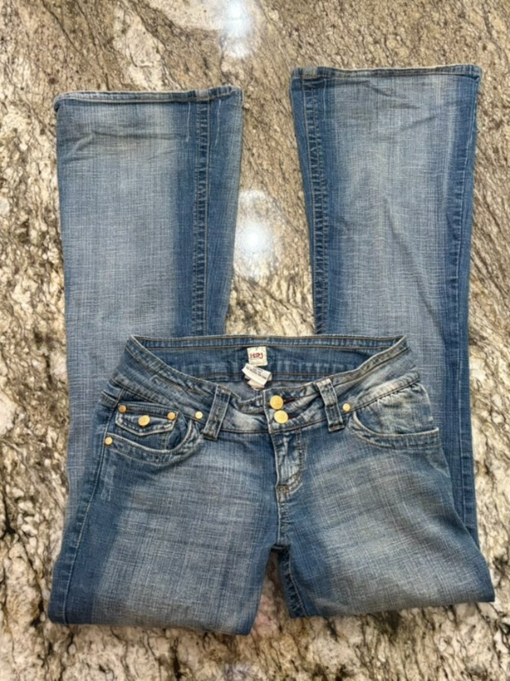Y2K H2J Vintage Low Rise Flare Jeans Women's 7/8 Blue Denim Gold Hardware